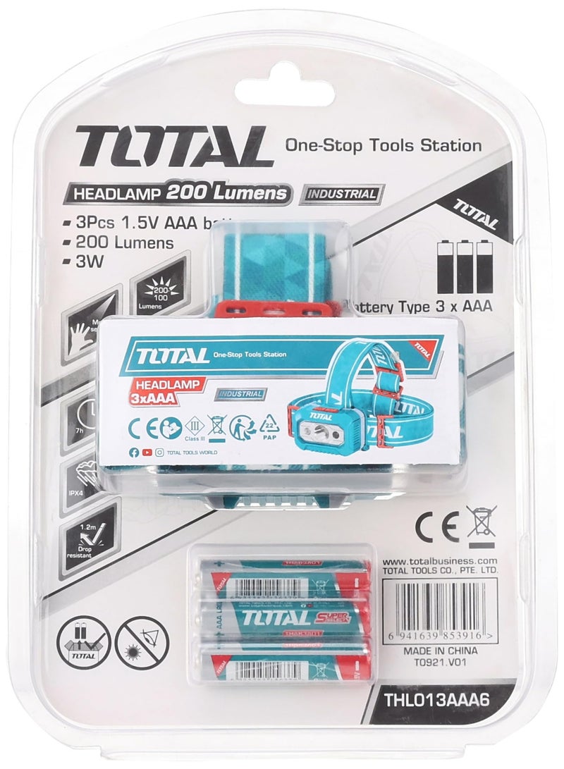 TOTAL Super Total Headlamp 200 Lumens | 3xAAA Battery | 91m Beam Distance | IPX4 Waterproof | Brightness Levels: Max 200 & Low 100 Lumens  - Image 5