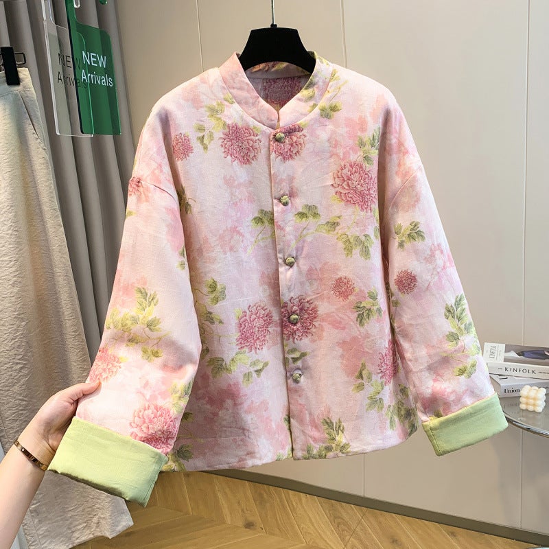 Real shot Chinese style cotton and linen stand collar placket warm cotton-padded coat literary retro small cotton-padded jacket printed clip cotton coat Picture color