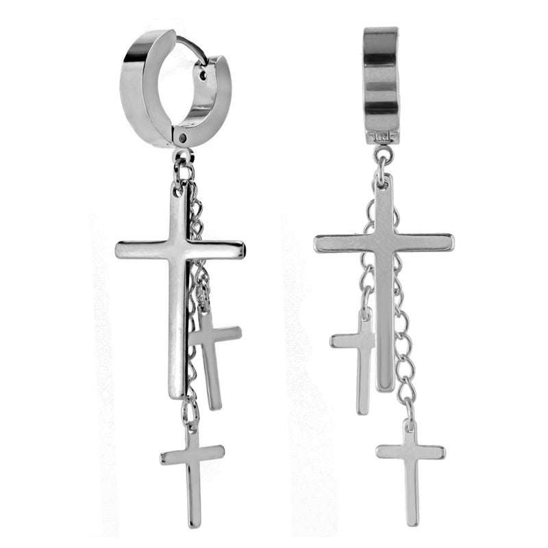 Charisma 80s Gothic Earring Cross Earrings for Men Dangle Hinged Hoop Huggie Earrings Stainless Steel 1 Pair, Steel Color