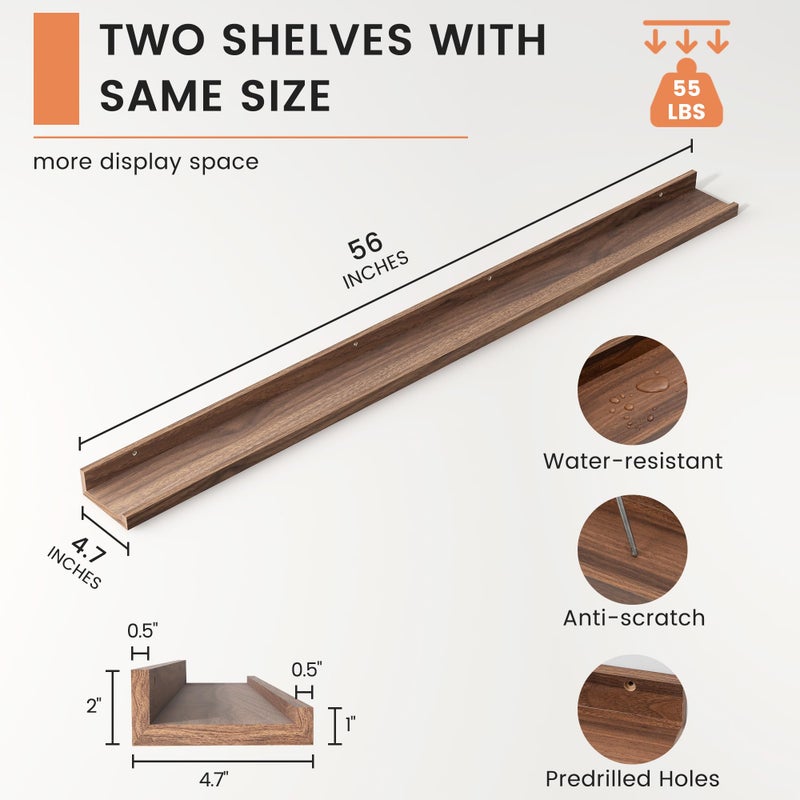 FLYJOE Picture Ledge Shelf, Floating Shelves Set of 2, 56 Inches Long Large Nursery Book Shelves for Toys Storage, Kids Bookshelf Wall Mounted for Living Room Bedroom Decor Books Photo Frames, Walnut - Image 3