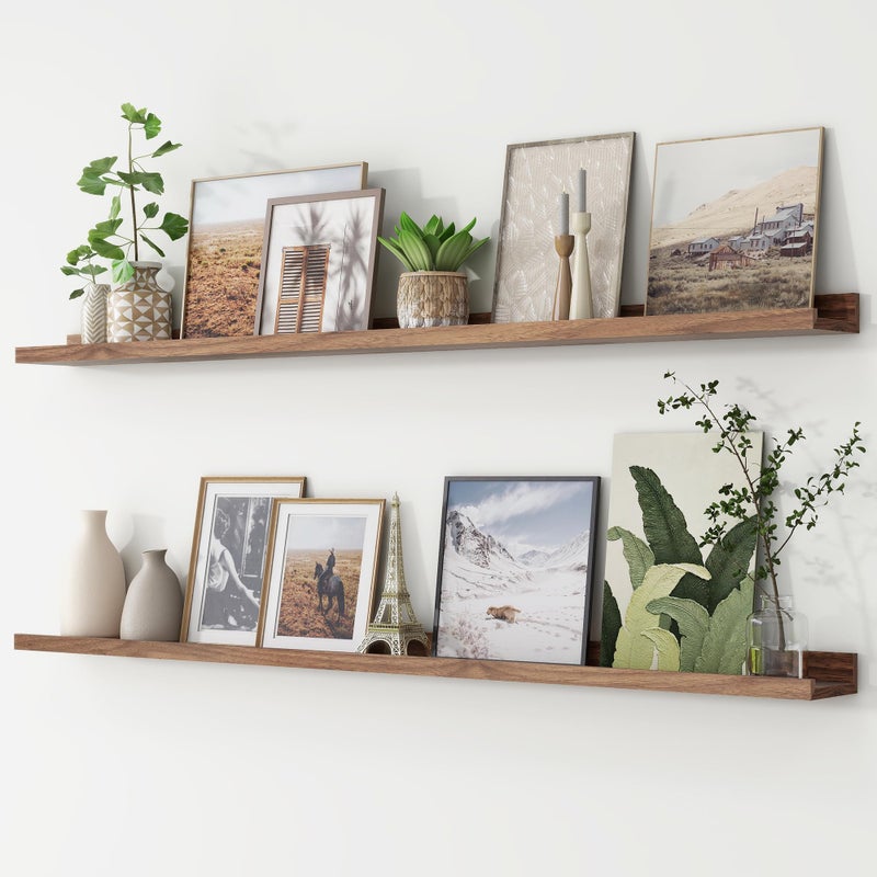 FLYJOE Picture Ledge Shelf, Floating Shelves Set of 2, 56 Inches Long Large Nursery Book Shelves for Toys Storage, Kids Bookshelf Wall Mounted for Living Room Bedroom Decor Books Photo Frames, Walnut - Image 1