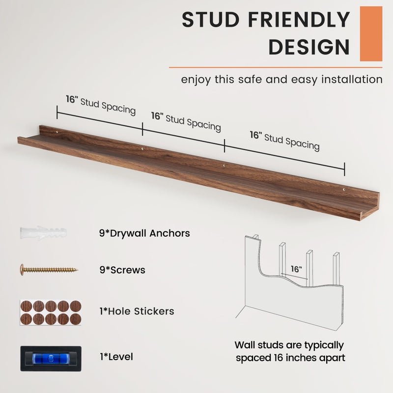 FLYJOE Picture Ledge Shelf, Floating Shelves Set of 2, 56 Inches Long Large Nursery Book Shelves for Toys Storage, Kids Bookshelf Wall Mounted for Living Room Bedroom Decor Books Photo Frames, Walnut - Image 5