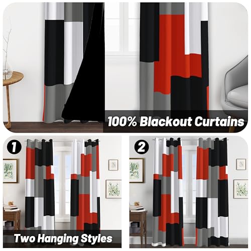 Tyrot Red Black 100% Blackout Curtains for Bedroom 84 inch Long 2 Panels Set Modern Abstract Geometric Black Out Living Room Curtains Christmas Red Thermal Room Darkening Window Drapes, 52Wx84L - Image 2
