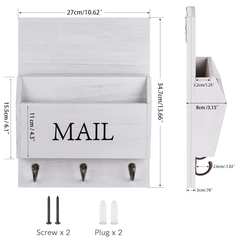 DLQuarts Mail Organizer with Key Holder for Wall Decorative Mail Sorter Wall Mounted, Wooden Mail Holder with 3 Hooks, White - Image 5