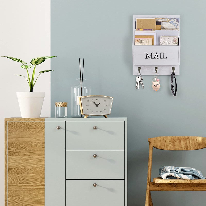 DLQuarts Mail Organizer with Key Holder for Wall Decorative Mail Sorter Wall Mounted, Wooden Mail Holder with 3 Hooks, White - Image 3