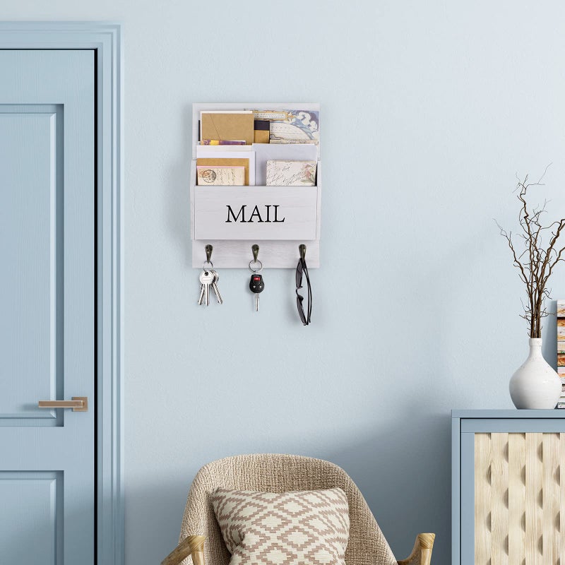 DLQuarts Mail Organizer with Key Holder for Wall Decorative Mail Sorter Wall Mounted, Wooden Mail Holder with 3 Hooks, White - Image 2
