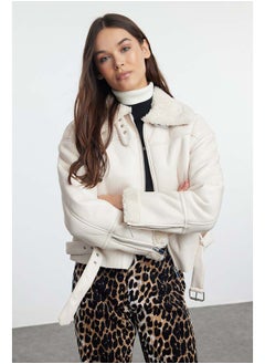 trendyol Ecru Plush Detailed Faux Leather Biker Jacket Coat TWOAW24MO00279  - Image 1