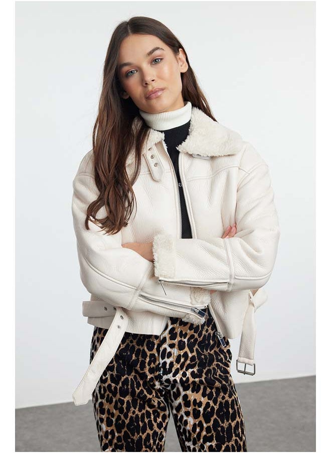 trendyol Ecru Plush Detailed Faux Leather Biker Jacket Coat TWOAW24MO00279  - Image 1