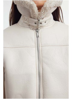 trendyol Ecru Plush Detailed Faux Leather Biker Jacket Coat TWOAW24MO00279  - Image 4