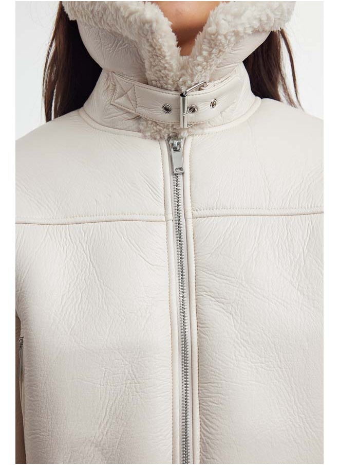 trendyol Ecru Plush Detailed Faux Leather Biker Jacket Coat TWOAW24MO00279  - Image 4