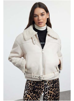 trendyol Ecru Plush Detailed Faux Leather Biker Jacket Coat TWOAW24MO00279  - Image 2