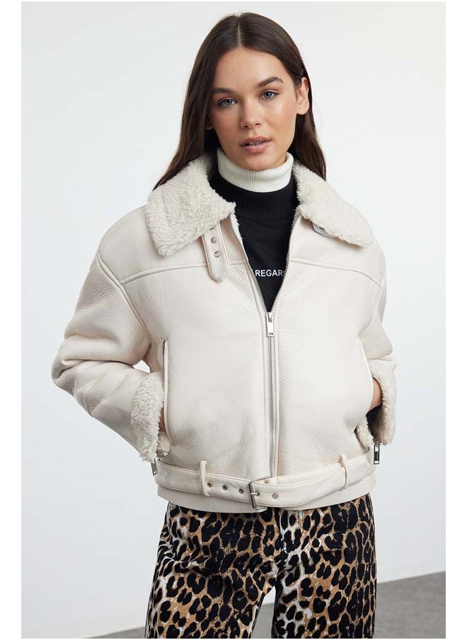 trendyol Ecru Plush Detailed Faux Leather Biker Jacket Coat TWOAW24MO00279  - Image 2