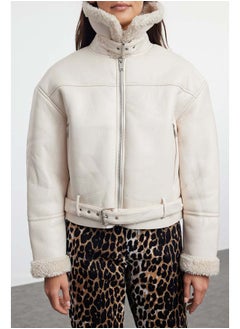 trendyol Ecru Plush Detailed Faux Leather Biker Jacket Coat TWOAW24MO00279  - Image 3