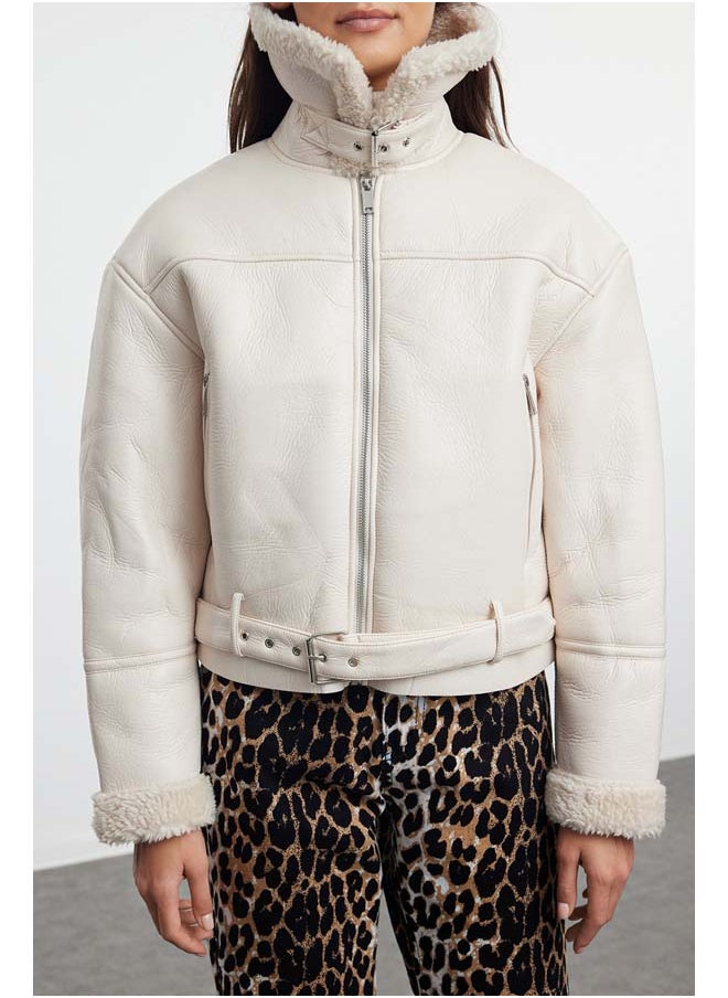 trendyol Ecru Plush Detailed Faux Leather Biker Jacket Coat TWOAW24MO00279  - Image 3