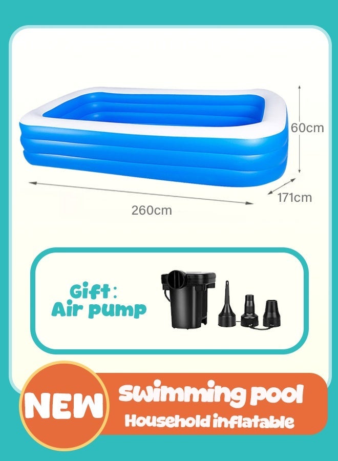 Rectangular Inflatable Pool (Home Edition) 260*171*60cm Heavy-duty inflatable leisure pool/ball pit, suitable for outdoor use in gardens, backyards, and summer water parties for children and adults. An essential for indoor and outdoor summer splashing fun, complete with electric air pump. - Image 1