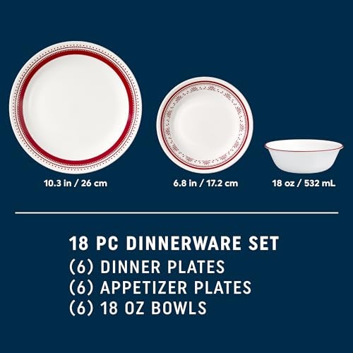 Corelle طقم أدوات المائدة كوريل إيفريداي 18 قطعة خدمة لـ 6 أشخاص، متين وصديق للبيئة، أطباق زجاجية وحاويات ذات حواف مرتفعة، آمنة للاستخدام في الميكروويف وغسالة الصحون، سادي - Image 2