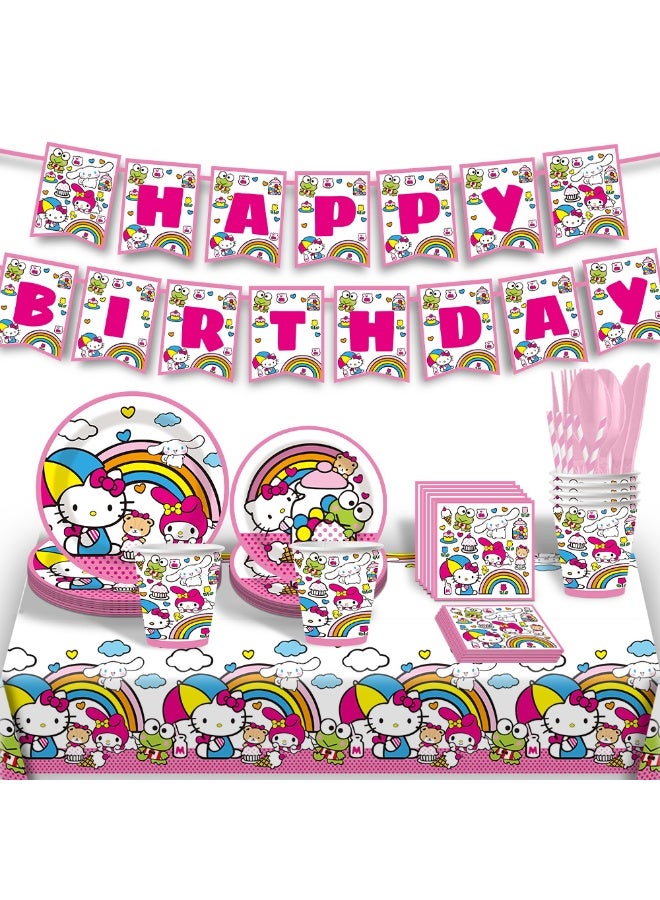 زينة حفلة هالو كيتي لـ 10 ضيوف، 92 قطعة من أدوات المائدة القابلة للتصرف لهالو كيتي للأطفال - Image 1