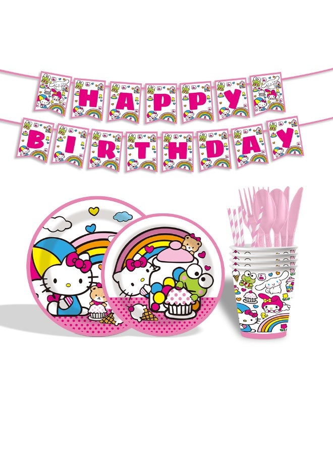 زينة حفلة هالو كيتي لـ 10 ضيوف، 92 قطعة من أدوات المائدة القابلة للتصرف لهالو كيتي للأطفال - Image 3