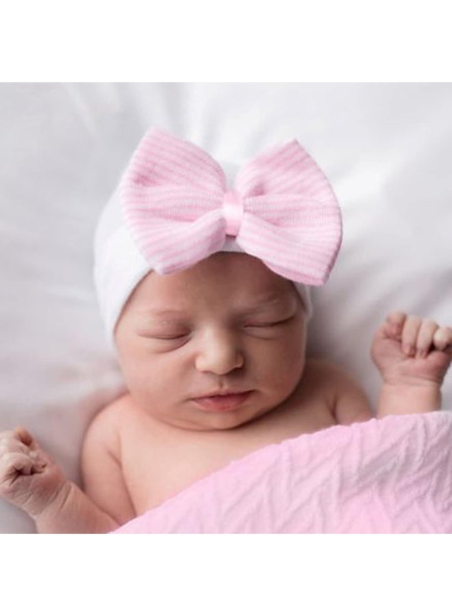 DRESHOW BQUBO 4 Pack Newborn Hospital Hat Infant Baby Hat Cap with Big Bow Soft Cute Knot Nursery Beanie - Image 3