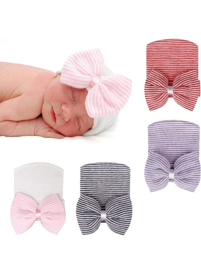 DRESHOW BQUBO 4 Pack Newborn Hospital Hat Infant Baby Hat Cap with Big Bow Soft Cute Knot Nursery Beanie - Image 1