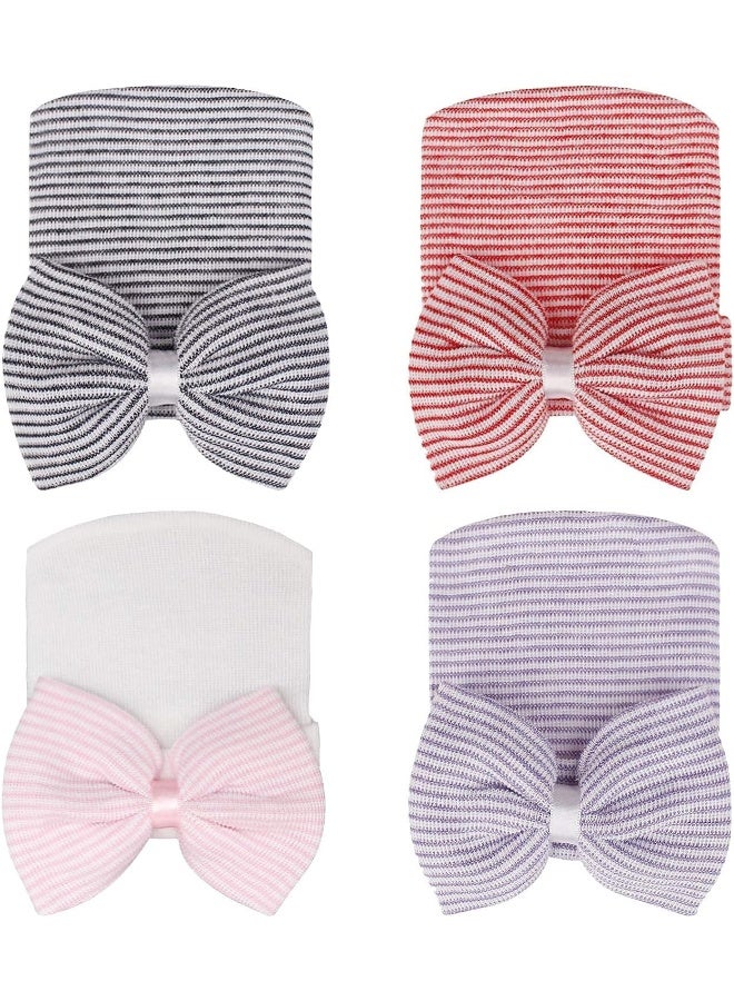 DRESHOW BQUBO 4 Pack Newborn Hospital Hat Infant Baby Hat Cap with Big Bow Soft Cute Knot Nursery Beanie - Image 2