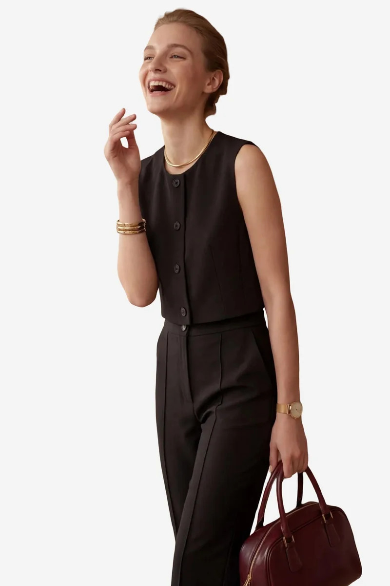 ماي فاشن MY FASHION Crew Neck Crop Vest & High Waist Pants Two-Piece Set