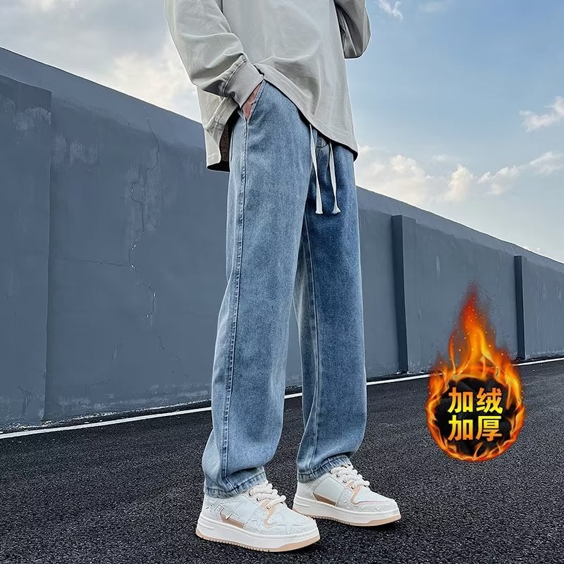 Vintage Jeans Men'S Winter Straight Loose Fleece-Lined Thick Wide Leg American High Street Fashion Long Pants For Boys - Image 2