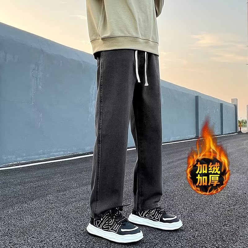 Vintage Jeans Men'S Winter Straight Loose Fleece-Lined Thick Wide Leg American High Street Fashion Long Pants For Boys - Image 4