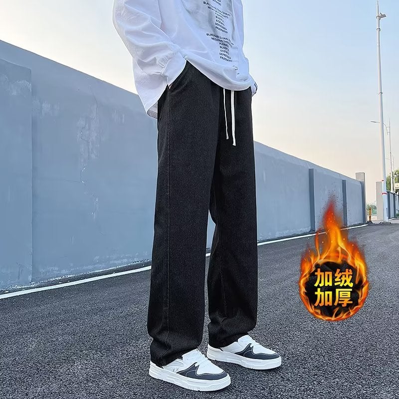 Vintage Jeans Men'S Winter Straight Loose Fleece-Lined Thick Wide Leg American High Street Fashion Long Pants For Boys - Image 3