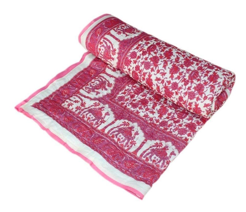 SVT Traditional Famous Jaipuri Beautiful Floral Print in White Pink Jaipuri Rajai/Razai/Quilt Twin Size/Twin Size Bed Quilt/Comforter/AC Quilt/AC Comforter - Image 2