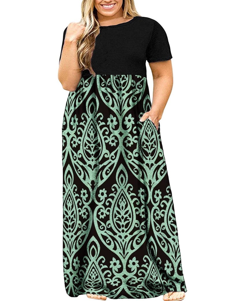 Halife Plus Size Maxi Dresses for Curvy Women with Pockets 3X Hide Belly Summer Dress Paisley Blue - Image 1