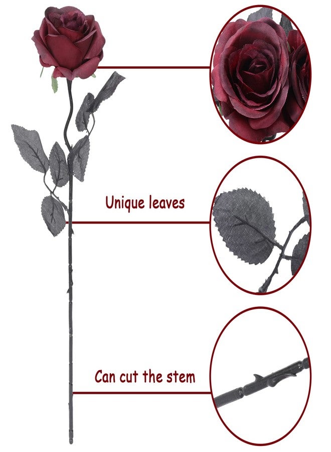 Whaline 12 Pack Valentine's Day Wine Red Artificial Roses Bouquet Vintage Silk Fake Burgundy Roses Lifelike Gothic Rose Flower Long Stem for Wedding Anniversary Birthday Party Table Centerpieces Decor - Image 3