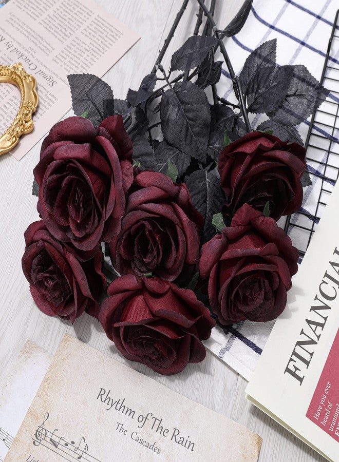 Whaline 12 Pack Valentine's Day Wine Red Artificial Roses Bouquet Vintage Silk Fake Burgundy Roses Lifelike Gothic Rose Flower Long Stem for Wedding Anniversary Birthday Party Table Centerpieces Decor - Image 4