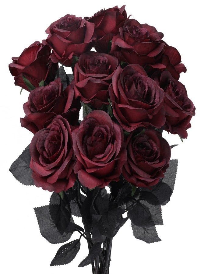 Whaline 12 Pack Valentine's Day Wine Red Artificial Roses Bouquet Vintage Silk Fake Burgundy Roses Lifelike Gothic Rose Flower Long Stem for Wedding Anniversary Birthday Party Table Centerpieces Decor - Image 1