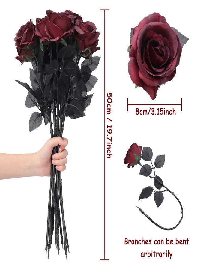 Whaline 12 Pack Valentine's Day Wine Red Artificial Roses Bouquet Vintage Silk Fake Burgundy Roses Lifelike Gothic Rose Flower Long Stem for Wedding Anniversary Birthday Party Table Centerpieces Decor - Image 2