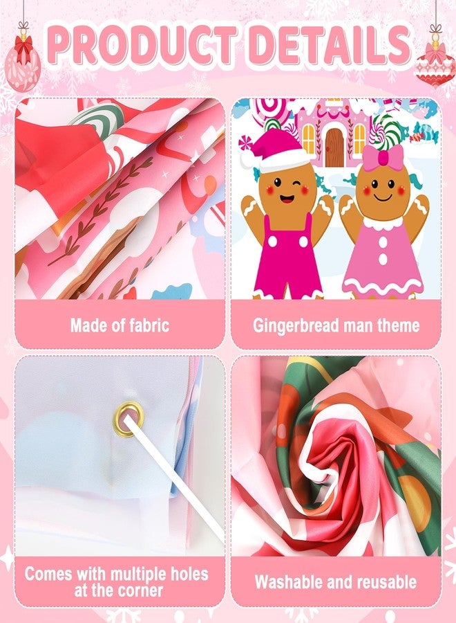 Sereliy 4Pcs Christmas Gingerbread Door Decorations, Christmas Gingerbread House Door Cover, Pink Candy House Banner Backdrop, Xmas Banner Backdrop for Holiday Classroom Office Home Party Decor - Image 3