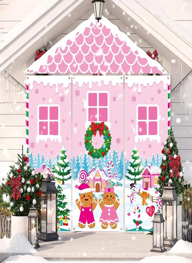 Sereliy 4Pcs Christmas Gingerbread Door Decorations, Christmas Gingerbread House Door Cover, Pink Candy House Banner Backdrop, Xmas Banner Backdrop for Holiday Classroom Office Home Party Decor - Image 4