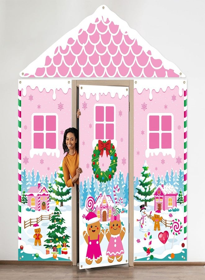 Sereliy 4Pcs Christmas Gingerbread Door Decorations, Christmas Gingerbread House Door Cover, Pink Candy House Banner Backdrop, Xmas Banner Backdrop for Holiday Classroom Office Home Party Decor - Image 1