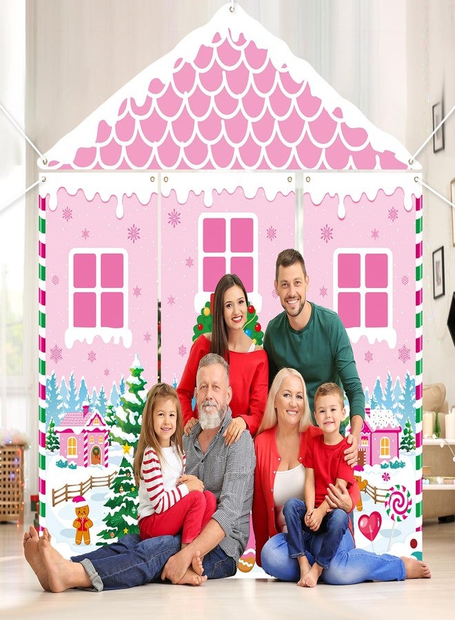 Sereliy 4Pcs Christmas Gingerbread Door Decorations, Christmas Gingerbread House Door Cover, Pink Candy House Banner Backdrop, Xmas Banner Backdrop for Holiday Classroom Office Home Party Decor - Image 5