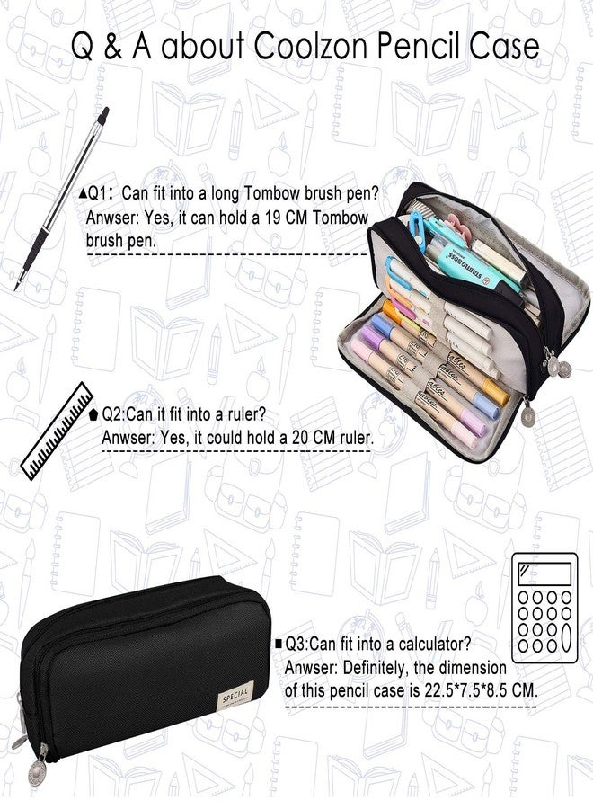 Coolzon Nylon Large Pencil Case For Girls Boys,Big Capacity Pencil Cases With 3 Compartments Pen Bag Pouch Holder School Stationery Organizer Makeup Cosmetic Bag For Kids Women Men (Black,Black) - Image 5