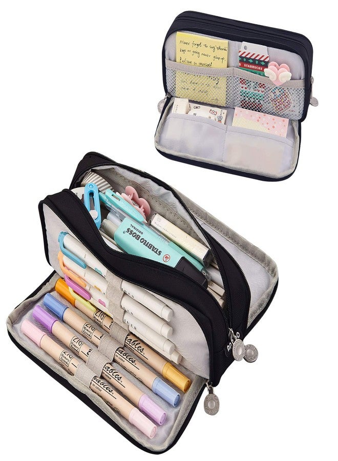 Coolzon Nylon Large Pencil Case For Girls Boys,Big Capacity Pencil Cases With 3 Compartments Pen Bag Pouch Holder School Stationery Organizer Makeup Cosmetic Bag For Kids Women Men (Black,Black) - Image 1
