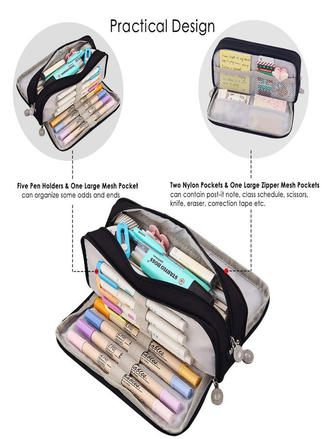 Coolzon Nylon Large Pencil Case For Girls Boys,Big Capacity Pencil Cases With 3 Compartments Pen Bag Pouch Holder School Stationery Organizer Makeup Cosmetic Bag For Kids Women Men (Black,Black) - Image 2