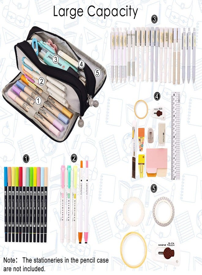 Coolzon Nylon Large Pencil Case For Girls Boys,Big Capacity Pencil Cases With 3 Compartments Pen Bag Pouch Holder School Stationery Organizer Makeup Cosmetic Bag For Kids Women Men (Black,Black) - Image 3