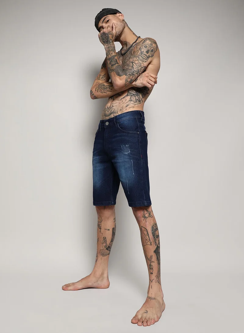 Campus Sutra Men's Black Distressed Rolled Hem Denim Shorts