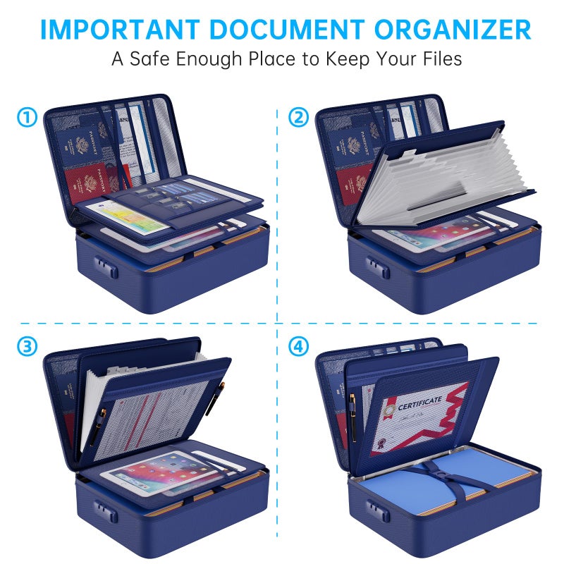 ENGPOW 5200â„‰ Fireproof File Organizer Bag with 13 Pocket Accordion File Folder,Document Organizer Box with Lock&Labels,Multi-Layer Portable Home Travel Safe Storage Box for Important Documents,Blue - Image 4