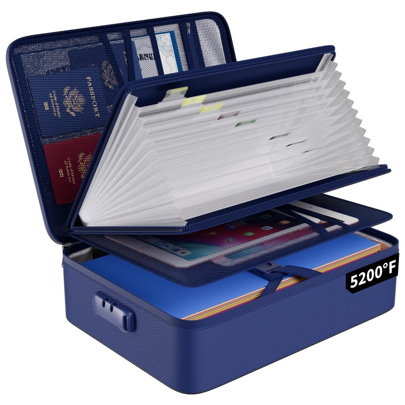 ENGPOW 5200â„‰ Fireproof File Organizer Bag with 13 Pocket Accordion File Folder,Document Organizer Box with Lock&Labels,Multi-Layer Portable Home Travel Safe Storage Box for Important Documents,Blue - Image 1