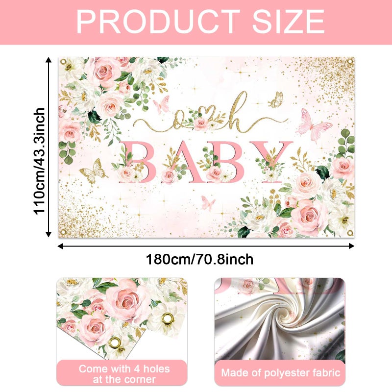 Mocsicka Girl Baby Shower Backdrop Banner Pink Floral Decorations for Girls Oh Baby Butterfly Photo Booth Props Background 70.8x43.3 inch - Image 5