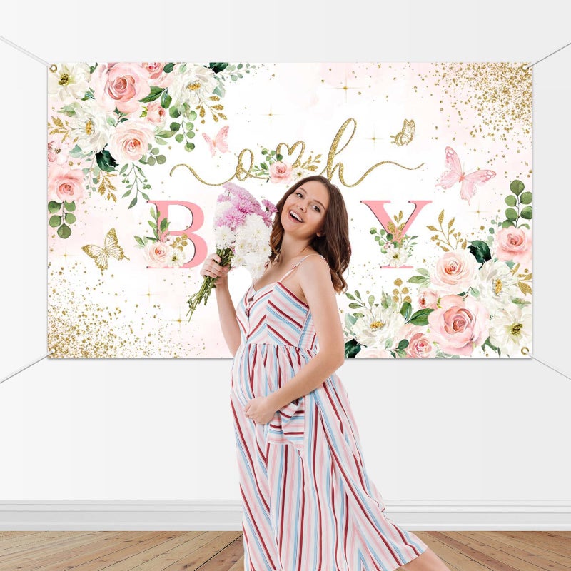 Mocsicka Girl Baby Shower Backdrop Banner Pink Floral Decorations for Girls Oh Baby Butterfly Photo Booth Props Background 70.8x43.3 inch - Image 4