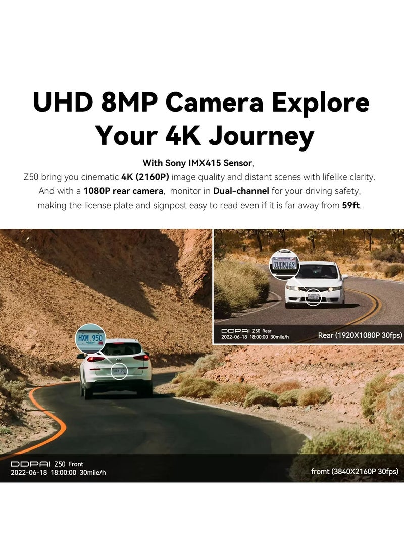 DDPAI Z50 Dash Cam for Cars Front and Rear with GPS, 4K Ultra HD Recording, 7 Optical Lenses, 1 IR, F1.75 Aperture, 140° Viewing Angle - Image 4