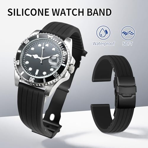 ULLCHRO Silicone Watch Strap Replacement Rubber Watch Band Waterproof Stripe Pattern - 14mm, 16mm, 18mm, 20mm, 22mm, 24mm Watch Bracelet with Stainless Steel Deployment Black Buckle (20mm, Black02) - Image 2
